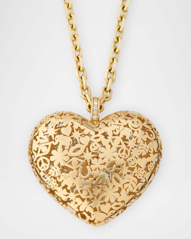 14K Gold XL Puffy Icon Wallpaper Heart Charm with Diamonds